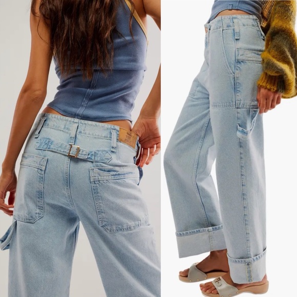 We The Free Major Leagues Mid-Rise Cuffed Jeans Sz 28 Wide Leg Light Stone - Picture 2 of 7